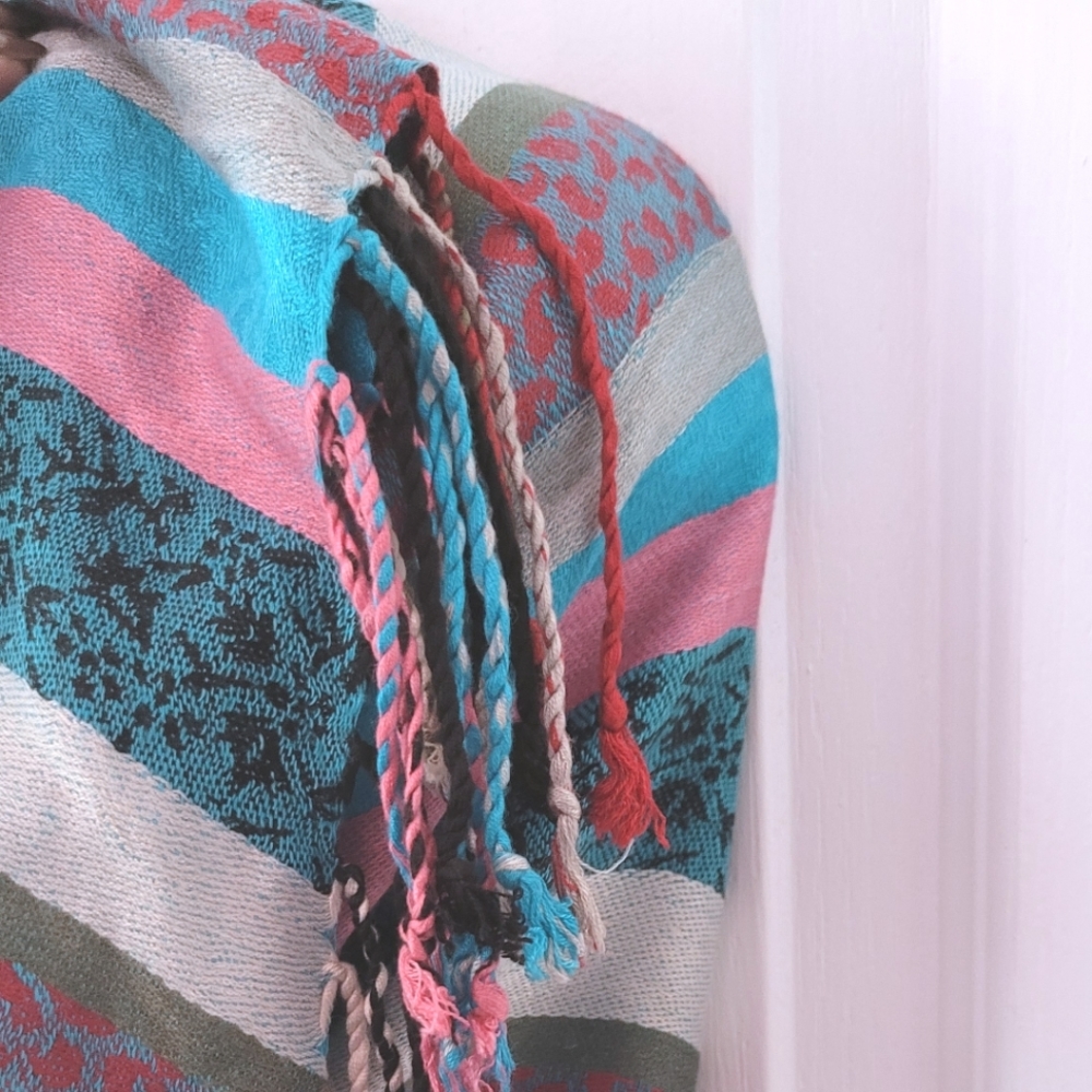 Oversized Woven Reversible Striped Scarf Blue Black Pink White - Picture 2 of 5